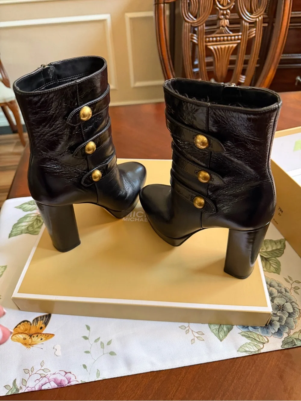 Michael Kors Black Leather Gold-Button High Heel Ankle Boots
